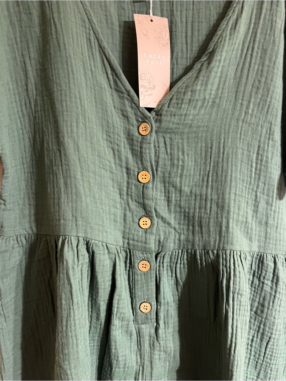 Emery Rose Green Button-Front 100% Cotton Gauze Romper, L - Picture 6 of 9